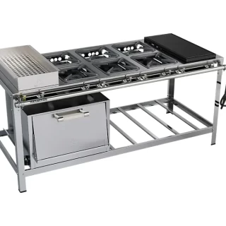 FOGÃO 6 BOCAS SÉRIE LUXO COM FORNO E CHAPA E BANHO MARIA 3QS/3QD BAIXA PRESSÃO - METALMAQ.
